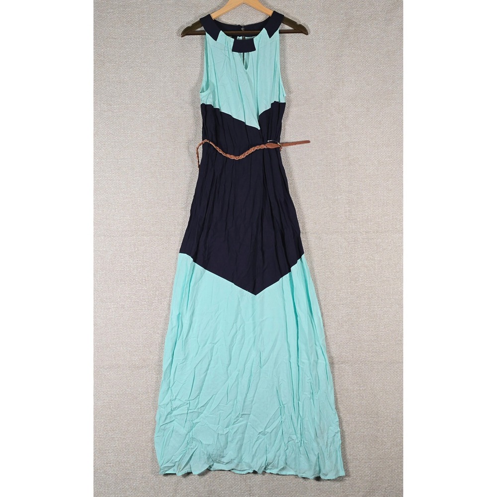 IZ Byer Womens XL Mint Navy Blue Colorblock Sleeveless‎ Maxi Dress with Belt